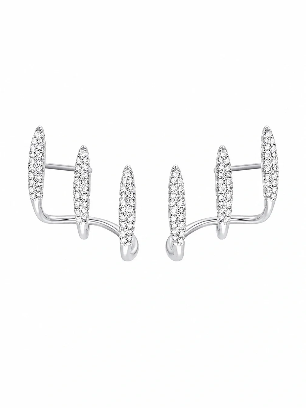 Silver Pave Crystal Triple Bar Ear Climber Stud Earrings 925 Sterling Silver